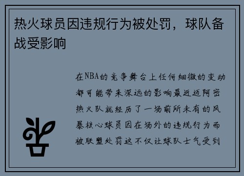 热火球员因违规行为被处罚,球队备战受影响