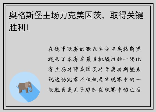 奥格斯堡主场力克美因茨，取得关键胜利！