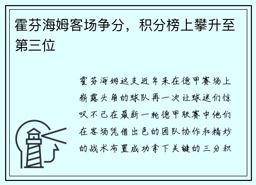 霍芬海姆客场争分,积分榜上攀升至第三位