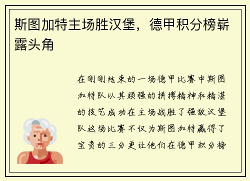 斯图加特主场胜汉堡，德甲积分榜崭露头角